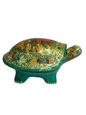 Paper Mache Hand-Painted Turtle Trinket Box With Floral Design Vintage